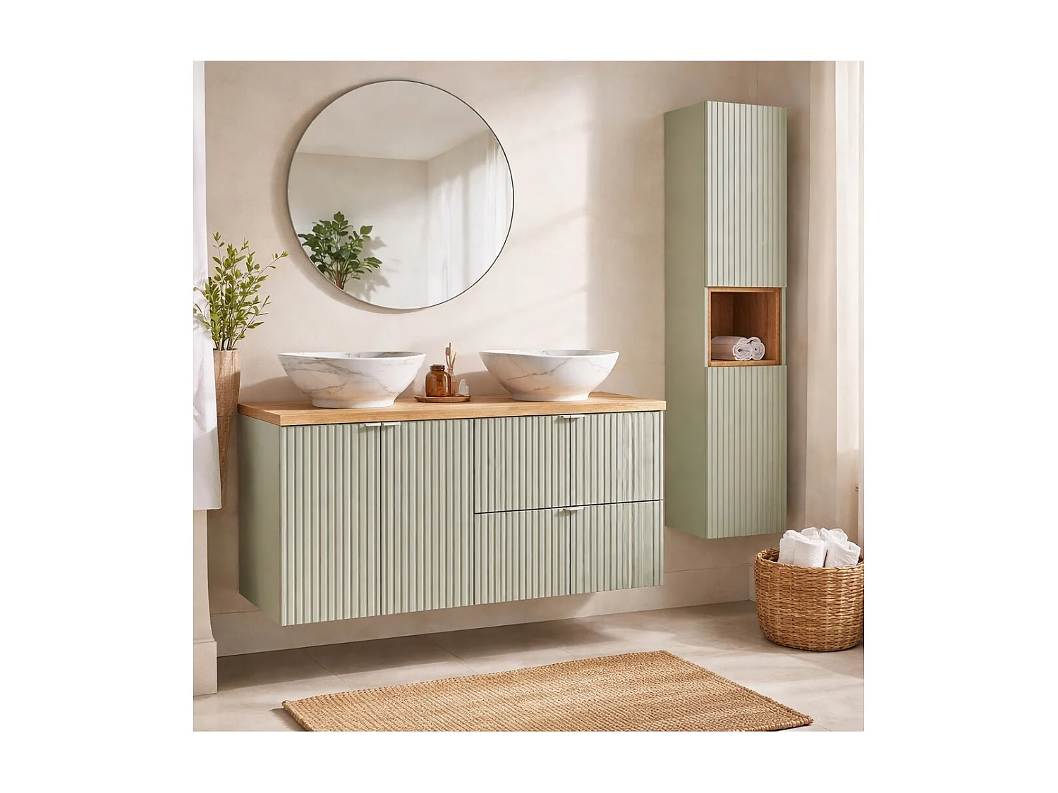 Set ELVINA 150cm: Unterschrankmöbel mit Schubladen und Schränken + Abdeckplatte für Waschbecken + zwei aufgesetzte marmorierte Waschbecken + Säule