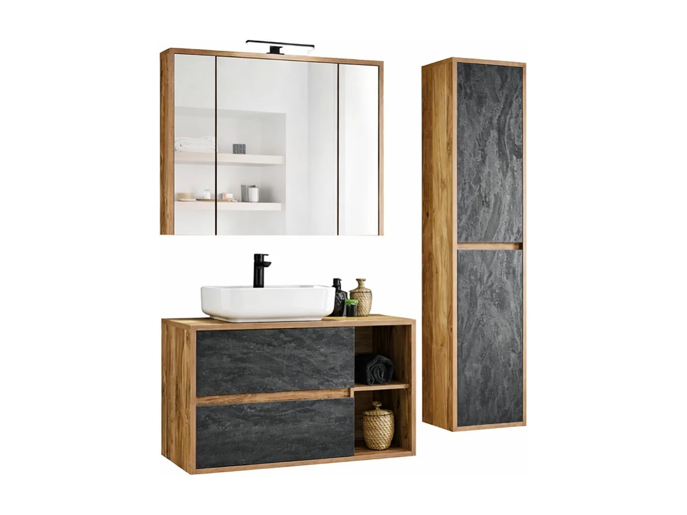 Set GABI: mobile sottolavabo 100cm + lavabo rettangolare da appoggio bianco + colonna + mobile con specchi + LED