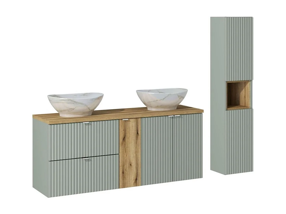 Set ELVINA 170cm: Unterschränke mit Schubladen und Schränken + Platte für Waschbecken + zwei aufsatzbecken marmoriert + Säule