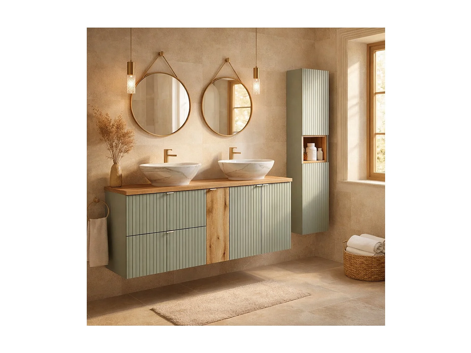 Set ELVINA 170cm: Unterschränke mit Schubladen und Schränken + Platte für Waschbecken + zwei aufsatzbecken marmoriert + Säule