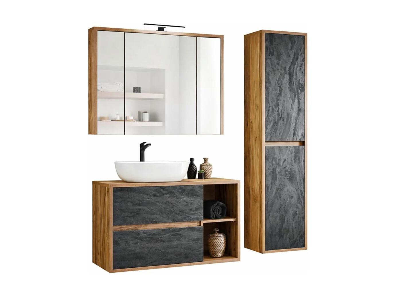 Set GABI: mobile sottolavabo 100cm + lavabo da appoggio bianco + colonna + mobiletto con specchi + LED