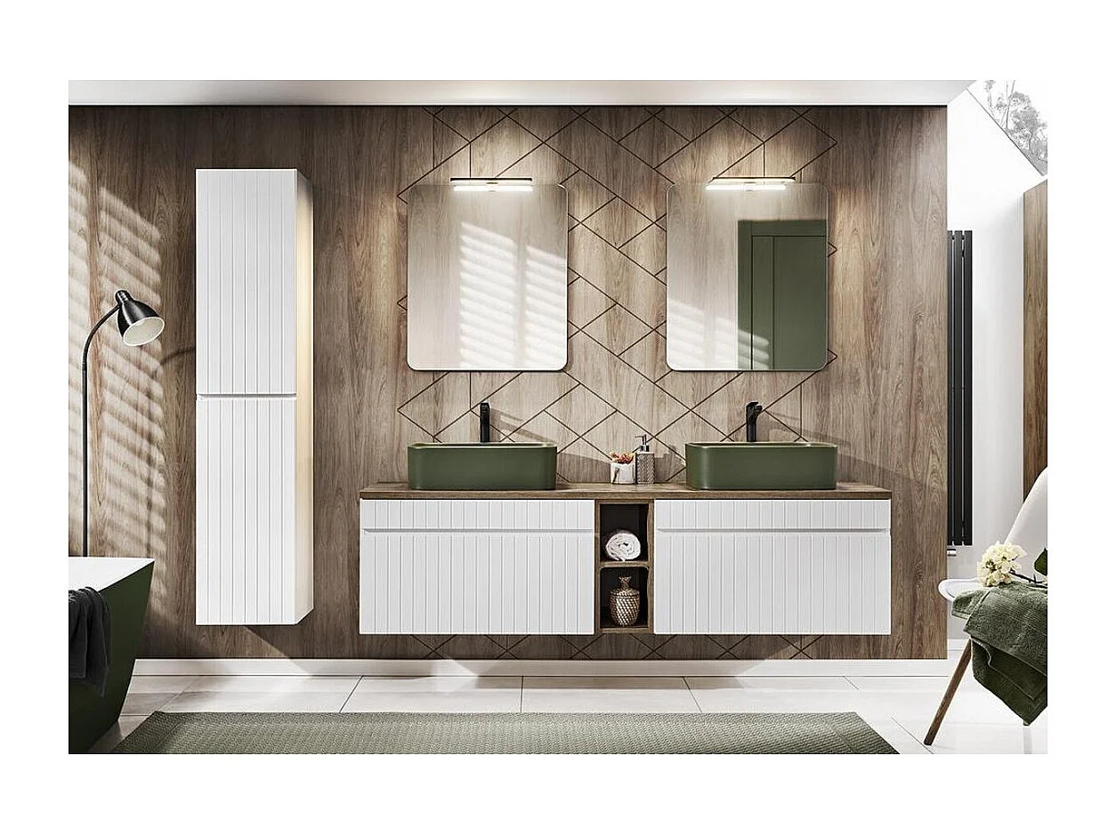 Ensemble ICON blanc : meubles sous vasque 180cm avec niches visibles + deux vasques à poser vertes + miroirs + LEDs + colonne