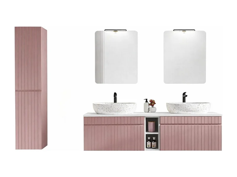 Ensemble ICON : meubles sous vasque 180cm avec niches visibles + deux vasques à poser + miroirs + lampes LED + colonne