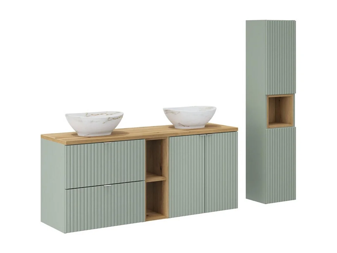 Set ELVINA 170cm: Unterschränke mit sichtbaren Nischen mit Schubladen und Schränken + zwei aufgesetzte marmorierte Waschbecken + Spaltenschränke