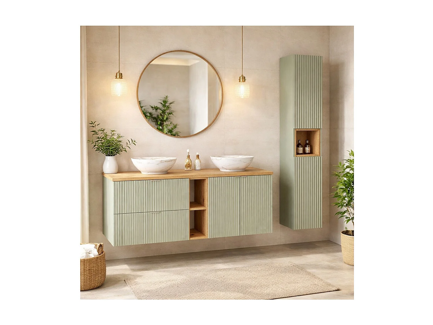 Set ELVINA 170cm: Unterschränke mit sichtbaren Nischen mit Schubladen und Schränken + zwei aufgesetzte marmorierte Waschbecken + Spaltenschränke