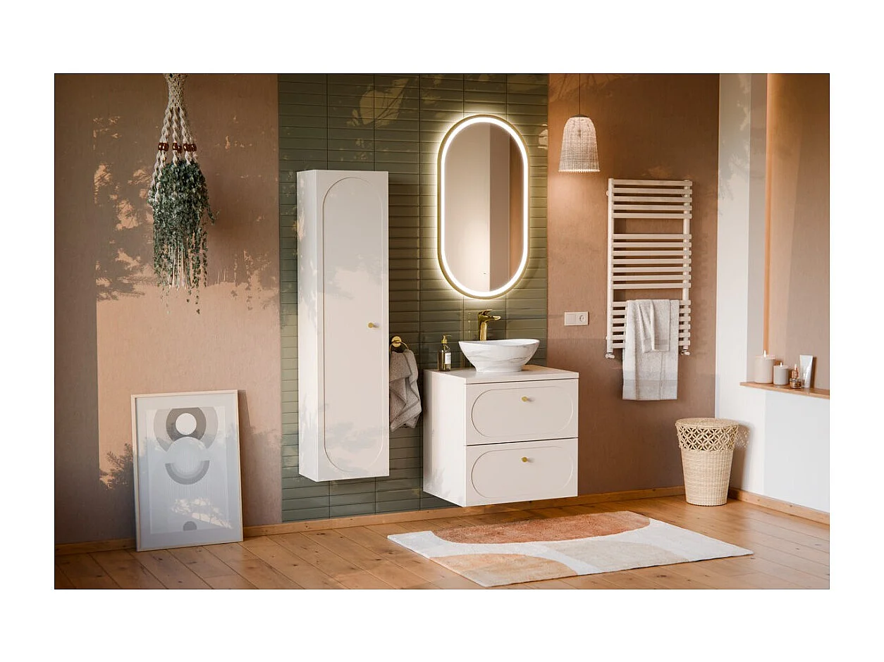 Ensemble de salle de bain TORNADO beige : meuble sous vasque 60cm + plan pour vasque + colonne de rangement