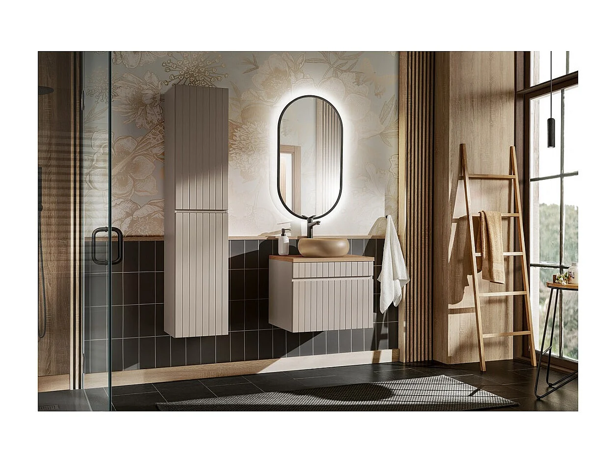 ICON set: onderkast 60cm + blad voor wastafel + ronde opbouwwastafel + kolom + verticale LED spiegel