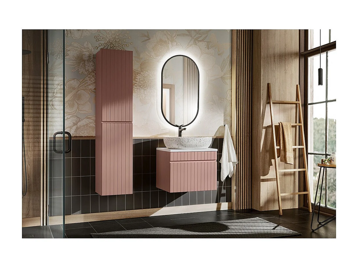 Ensemble ICON : meuble sous vasque 60cm + plan pour vasque + vasque à poser + miroir ovale vertical LED + colonne