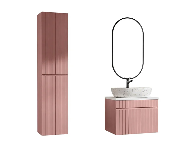 Ensemble ICON : meuble sous vasque 60cm + plan pour vasque + vasque à poser + miroir ovale vertical LED + colonne