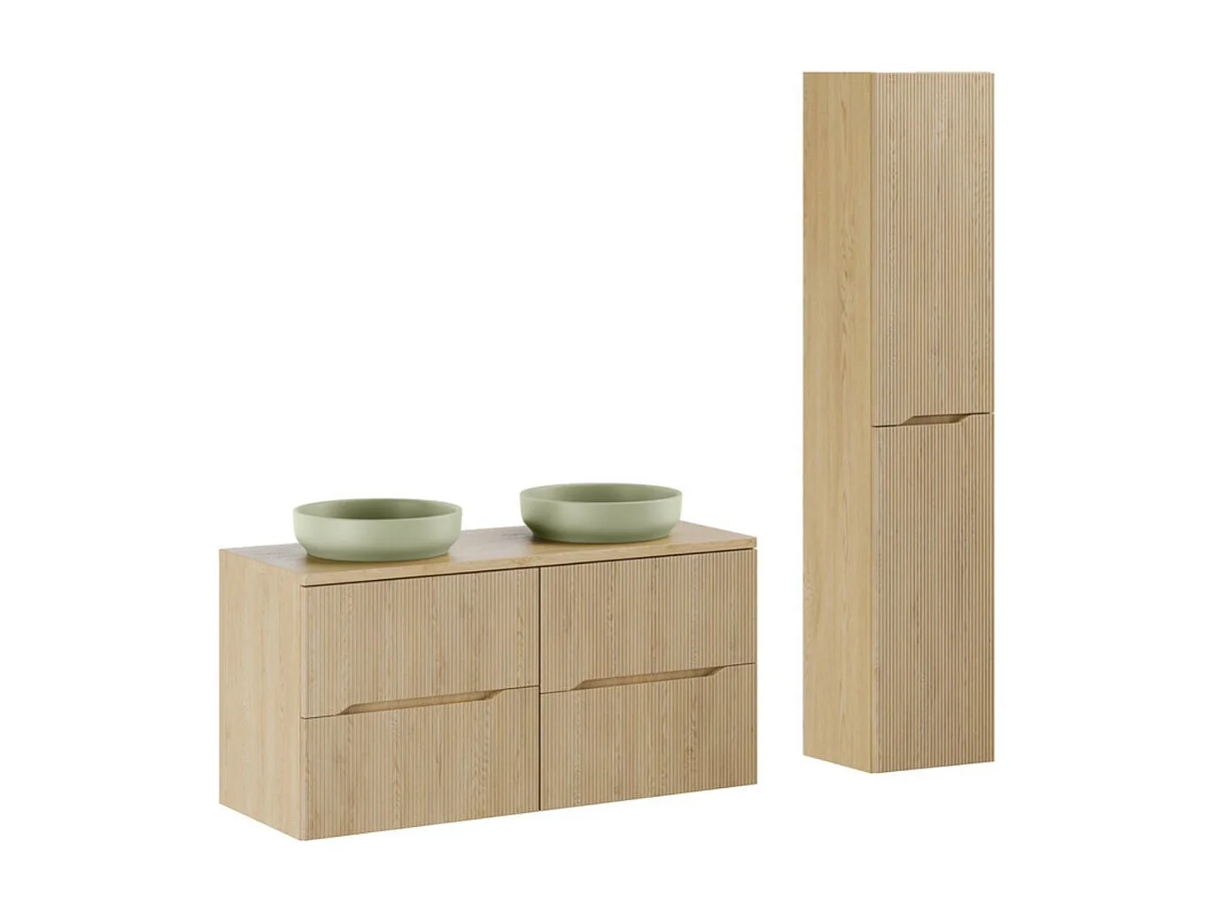 Conjunto NATURA 155cm: muebles bajo lavabo 60cm + encimera para lavabo + lavabos sobre encimera redondos verdes + columna
