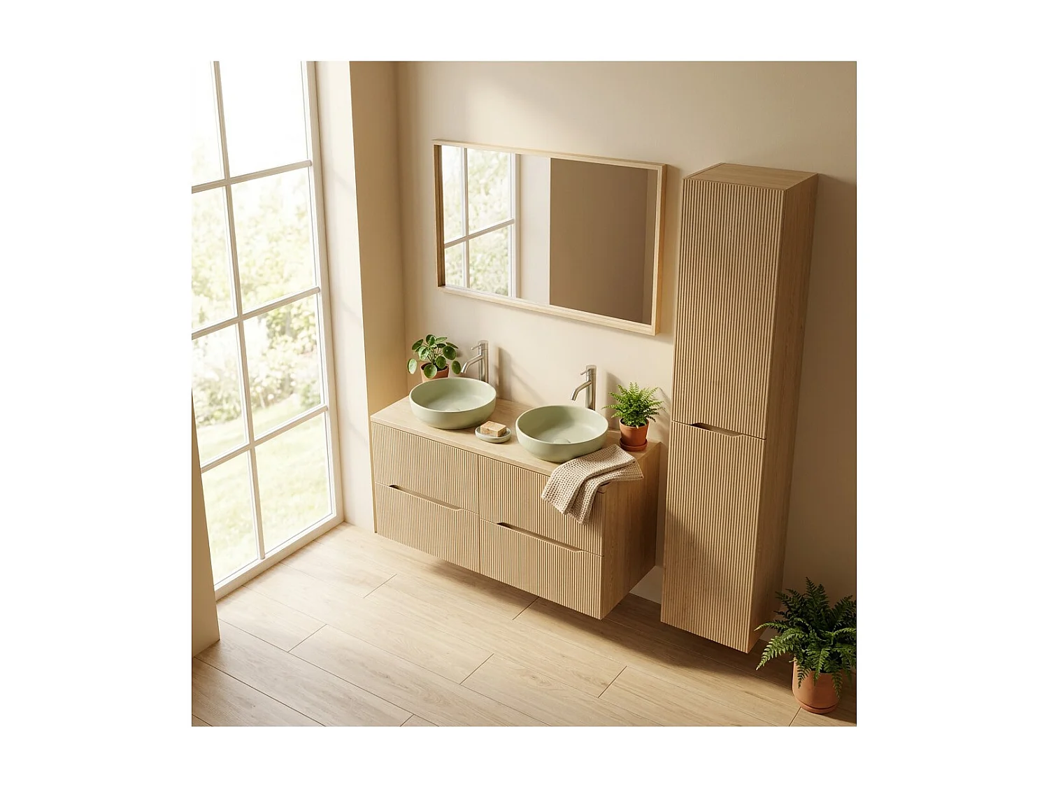 Conjunto NATURA 155cm: muebles bajo lavabo 60cm + encimera para lavabo + lavabos sobre encimera redondos verdes + columna
