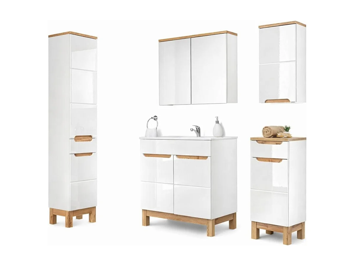 Set ERMANO: mobile sottolavabo 80cm + lavabo da incasso + sifone + colonna + contenitori con specchi