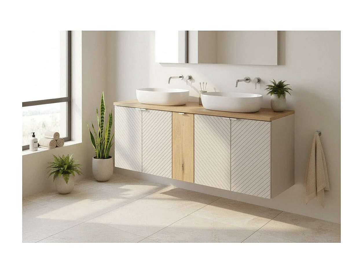 Conjunto de baño AOKI: muebles bajo lavabo con armarios 140cm + encimera con aspecto de madera