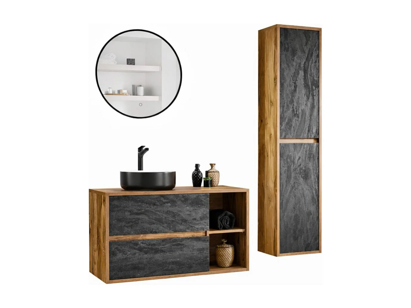 Set GABI: onderkast 100cm + opbouw wastafel rond zwart en wit + kolom + ronde LED spiegel 80cm