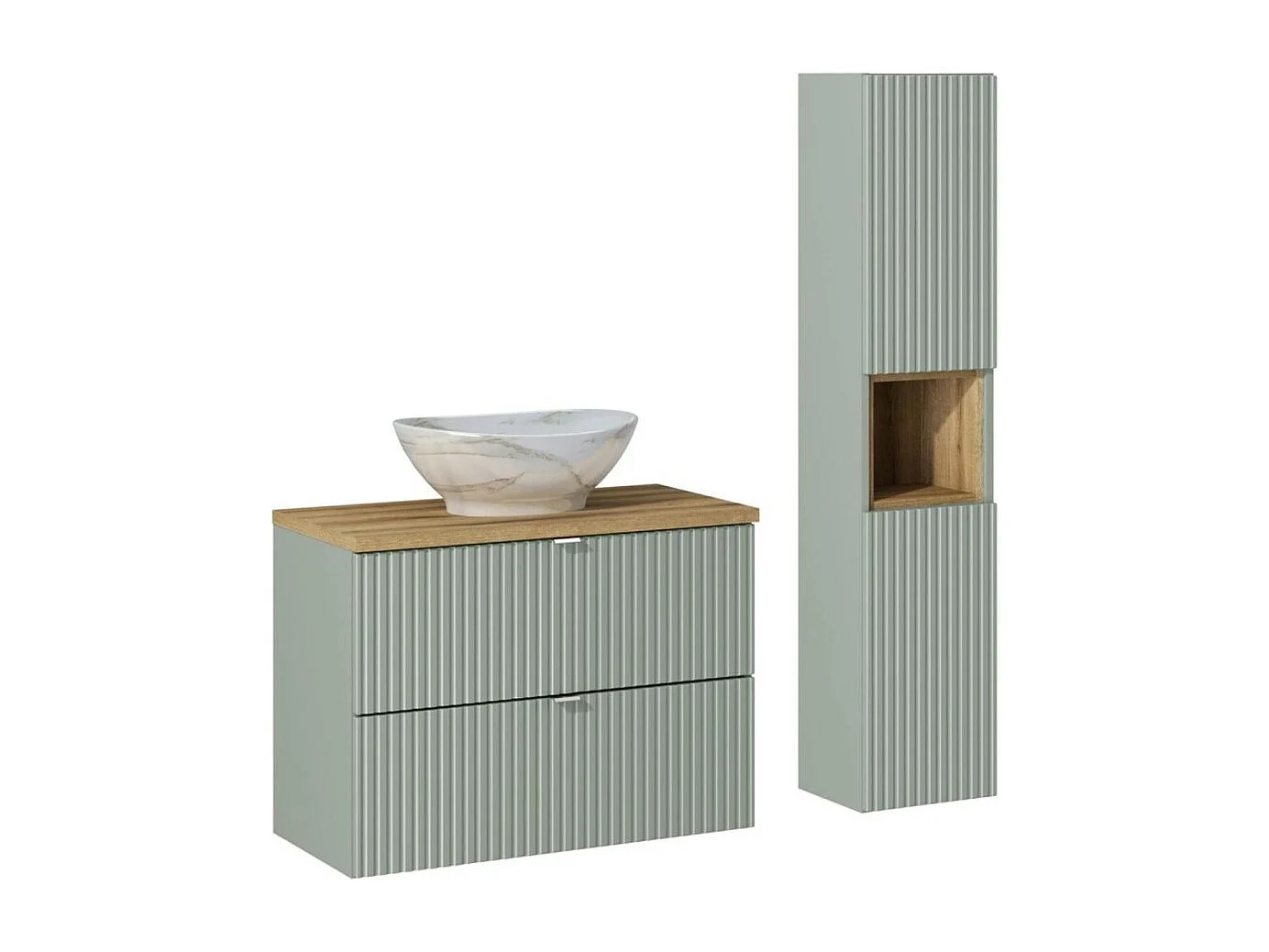 Set ELVINA 110cm: Unterschrank mit grünen Schubladen + Platte für Waschbecken + Marmor-Aufsatzwaschbecken + Säule
