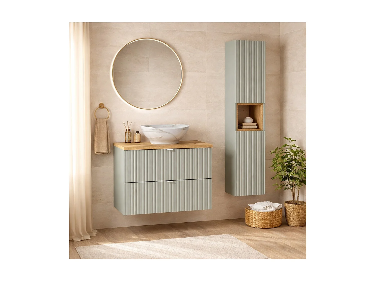 Set ELVINA 110cm: Unterschrank mit grünen Schubladen + Platte für Waschbecken + Marmor-Aufsatzwaschbecken + Säule