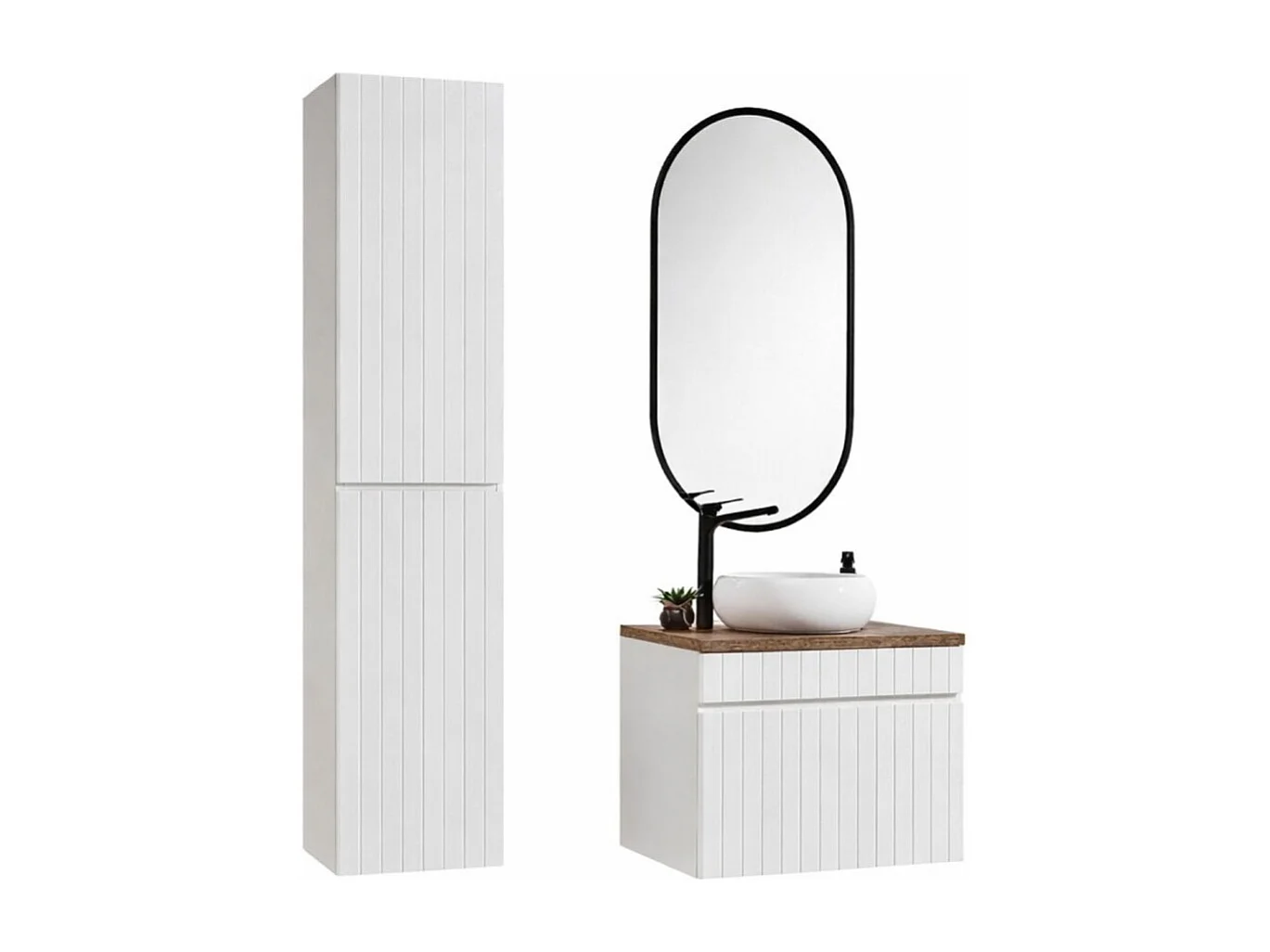Ensemble ICON blanc : meuble sous vasque 60cm + vasque à poser ronde blanche + miroir LED ovale vertical + colonne