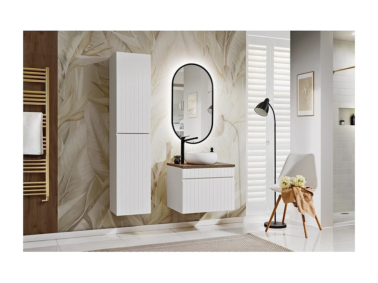 Ensemble ICON blanc : meuble sous vasque 60cm + vasque à poser ronde blanche + miroir LED ovale vertical + colonne