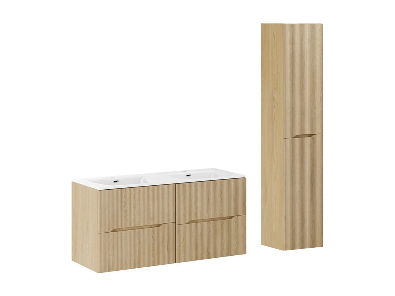 Ensemble de salle de bain suspendu NATURA 155cm : meubles sous vasque 60cm + double vasque encastrée + colonne