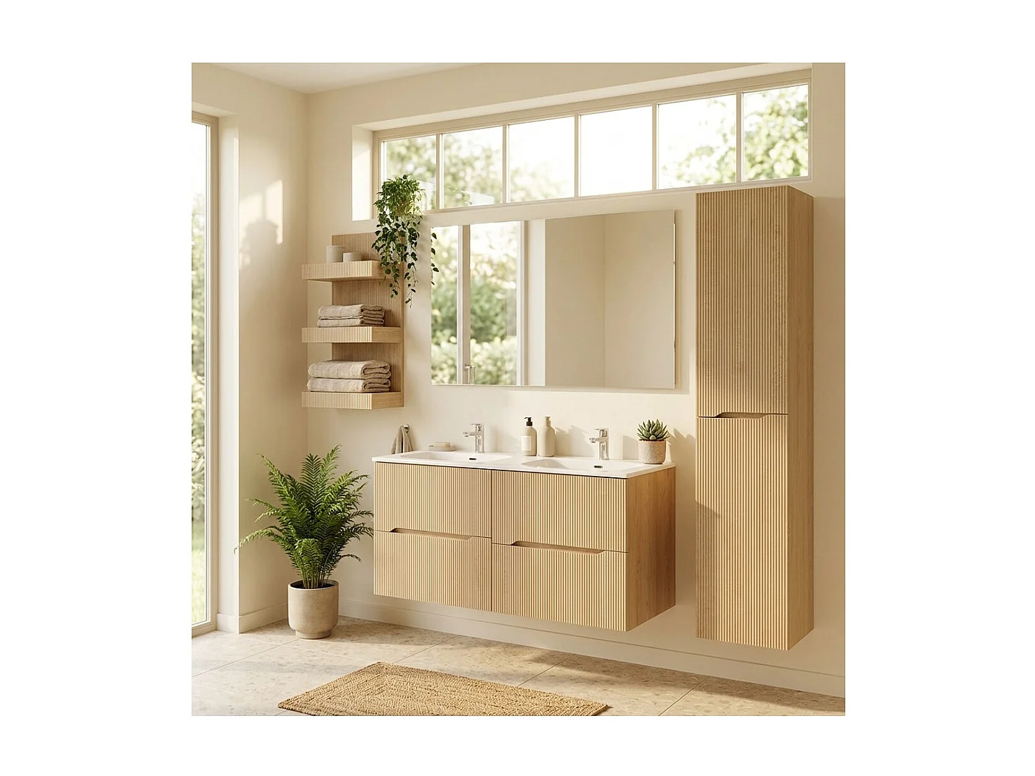 Ensemble de salle de bain suspendu NATURA 155cm : meubles sous vasque 60cm + double vasque encastrée + colonne
