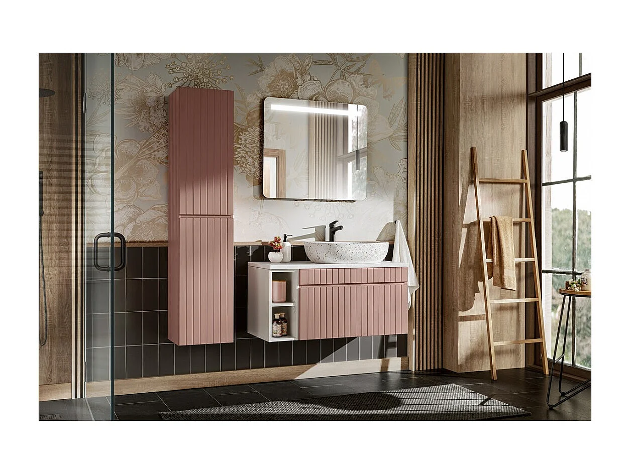 Ensemble ICON : meubles sous vasque 100cm avec niches visibles + plan pour vasque + vasque à poser + miroir LED + colonne