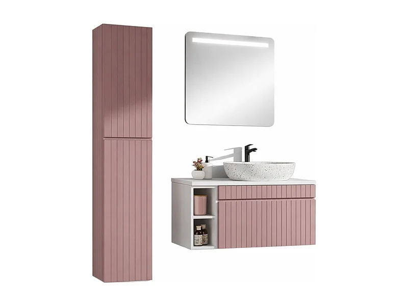 Ensemble ICON : meubles sous vasque 100cm avec niches visibles + plan pour vasque + vasque à poser + miroir LED + colonne