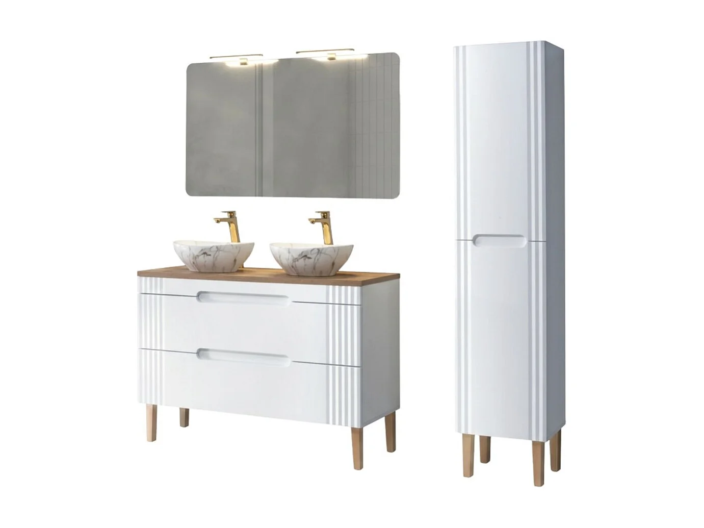 FIDJI set: onderkast 120cm + blad voor wastafel + 2 opzetwastafels + spiegel + 2 LED-lampen + kolomkast