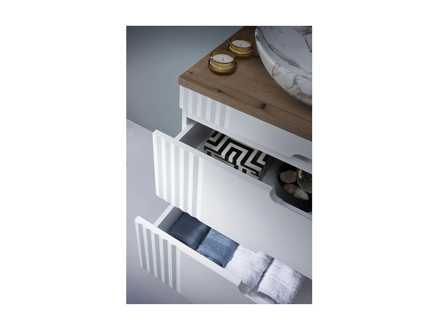 FIDJI set: onderkast 120cm + blad voor wastafel + 2 opzetwastafels + spiegel + 2 LED-lampen + kolomkast
