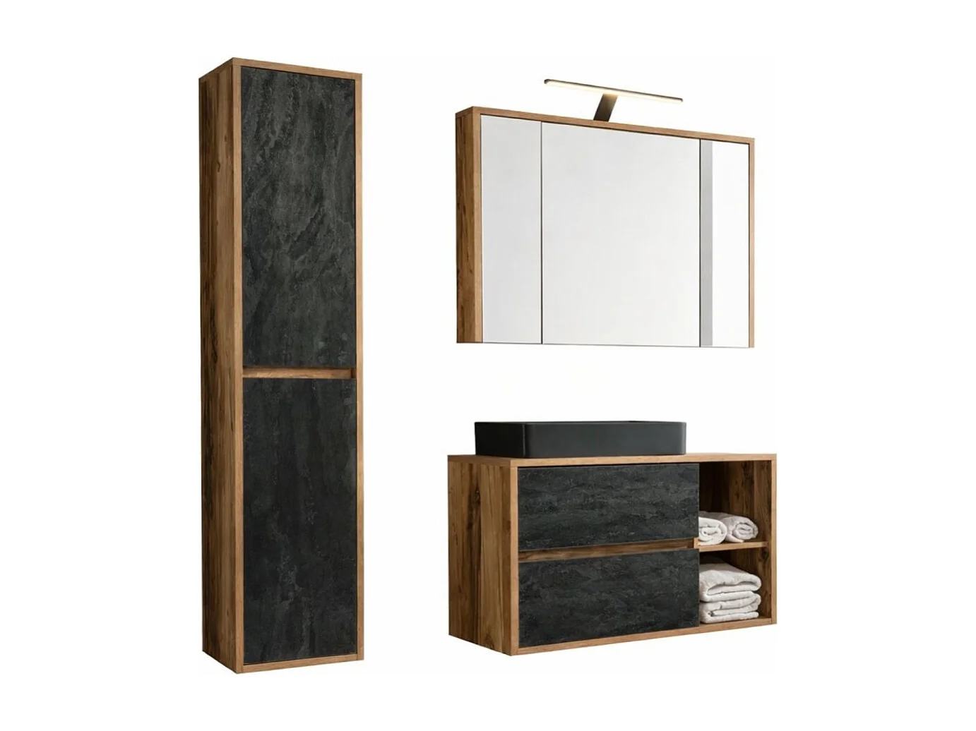 Set GABI: mobile sottolavabo 100cm + lavabo rettangolare nero da appoggio + colonna + mobile con specchi + LED