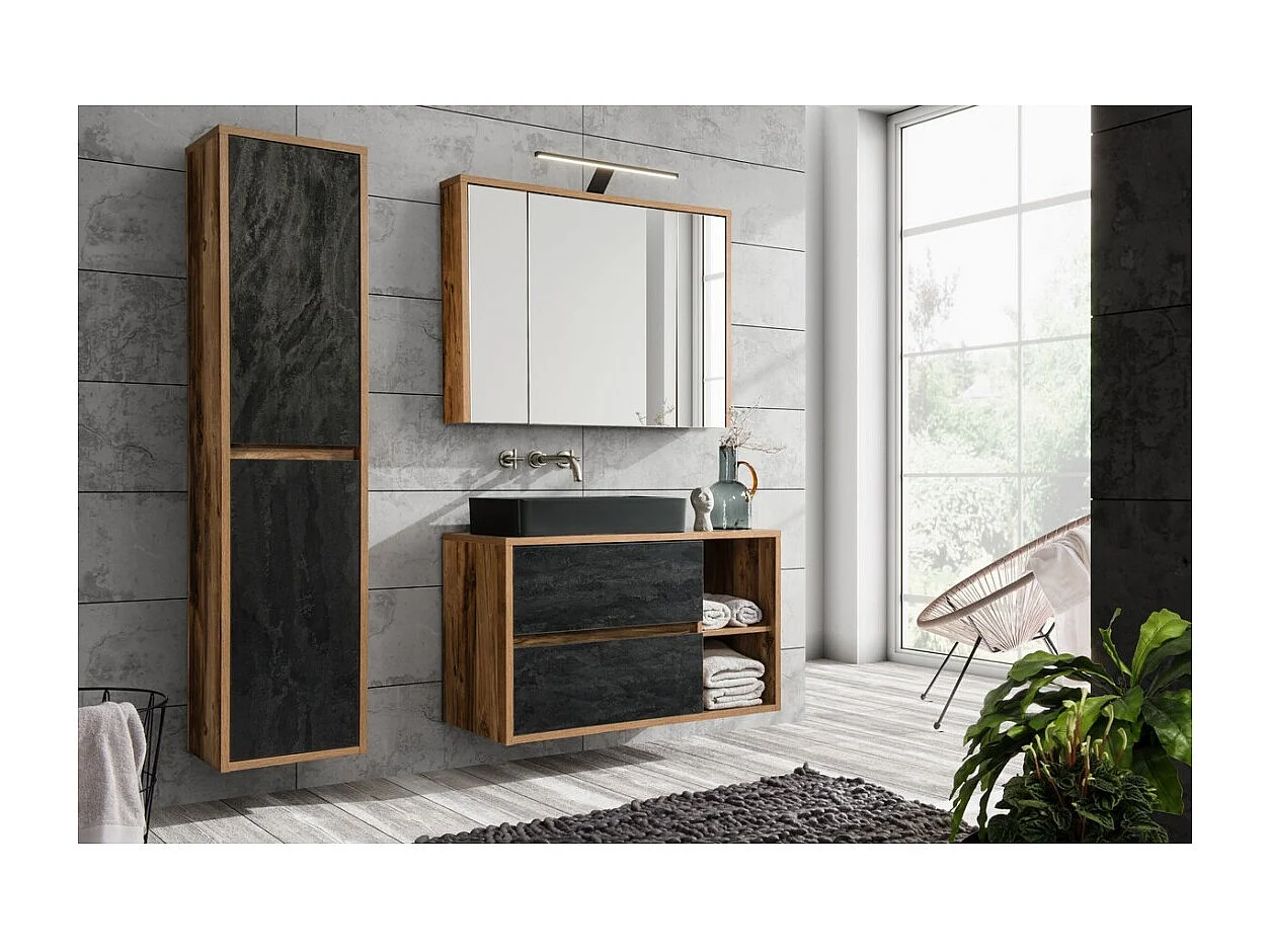 Set GABI: mobile sottolavabo 100cm + lavabo rettangolare nero da appoggio + colonna + mobile con specchi + LED