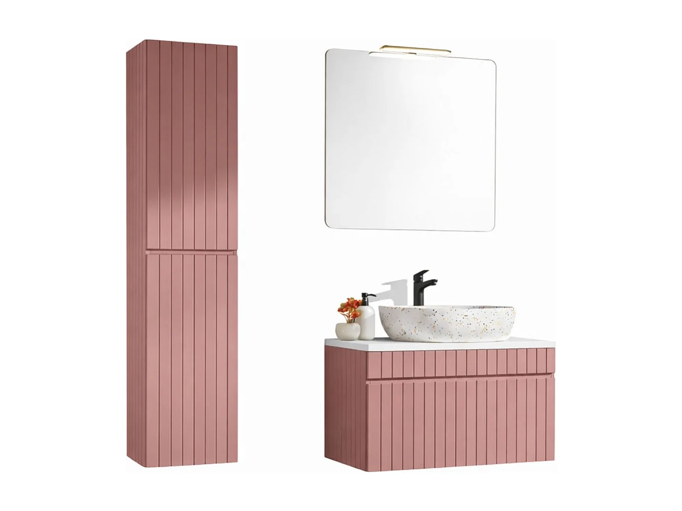 Ensemble ICON : meuble sous vasque 80cm + plan pour vasque + vasque à poser + miroir + lampe LED + colonne