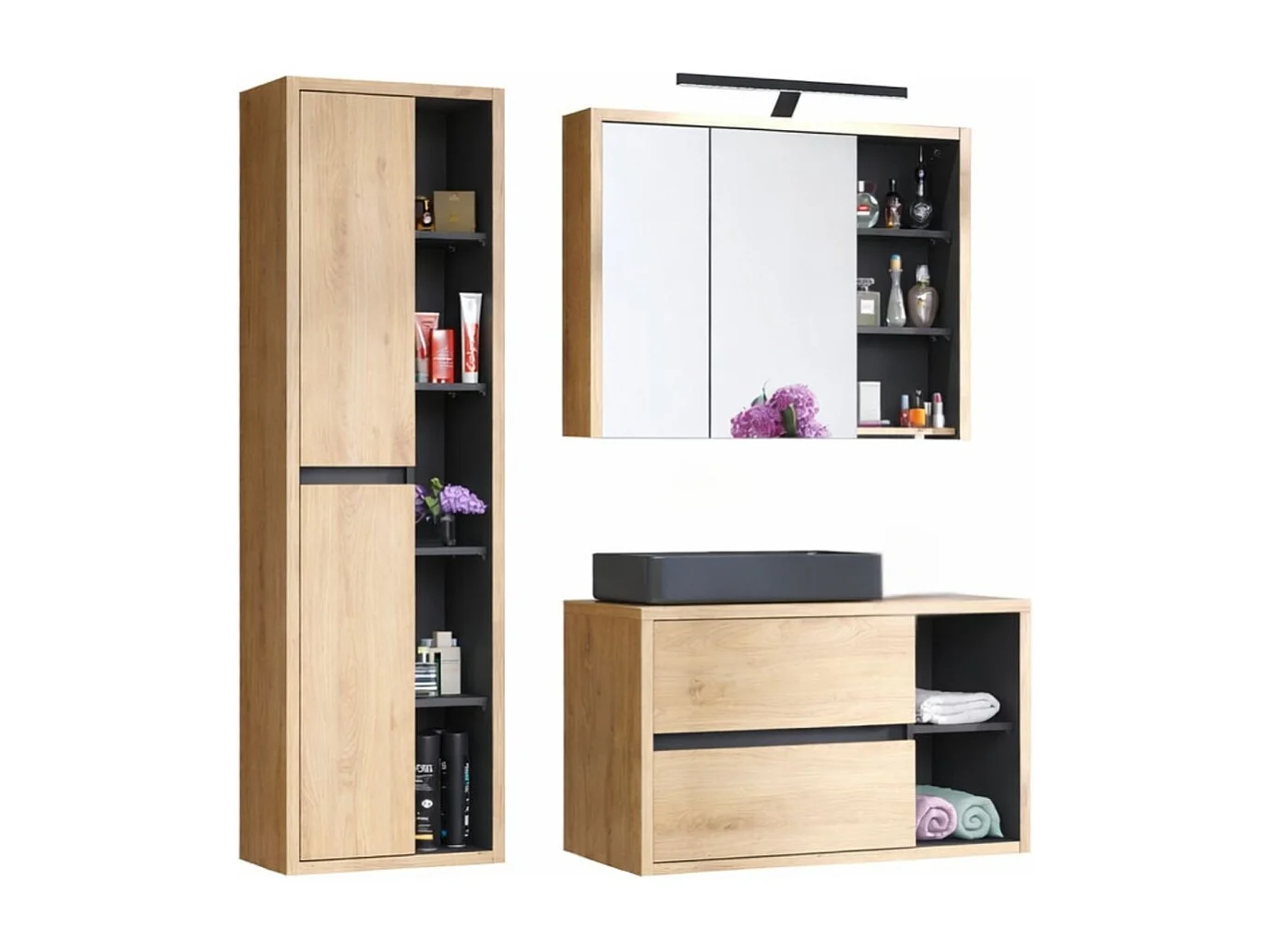 Insieme MATT: mobile sotto lavabo 100cm + lavabo da appoggio nero + colonna contenitore + armadietti con specchi + LED