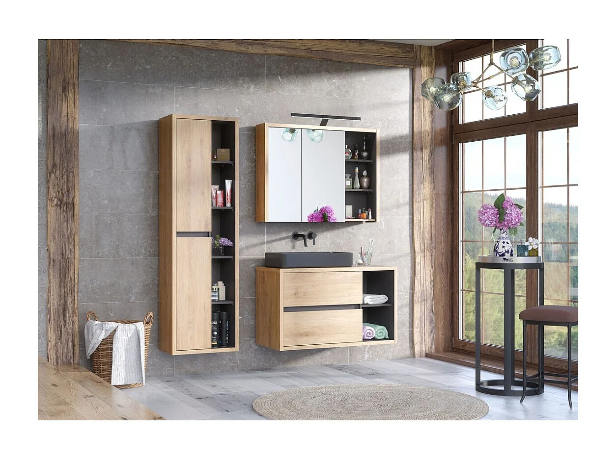 Insieme MATT: mobile sotto lavabo 100cm + lavabo da appoggio nero + colonna contenitore + armadietti con specchi + LED