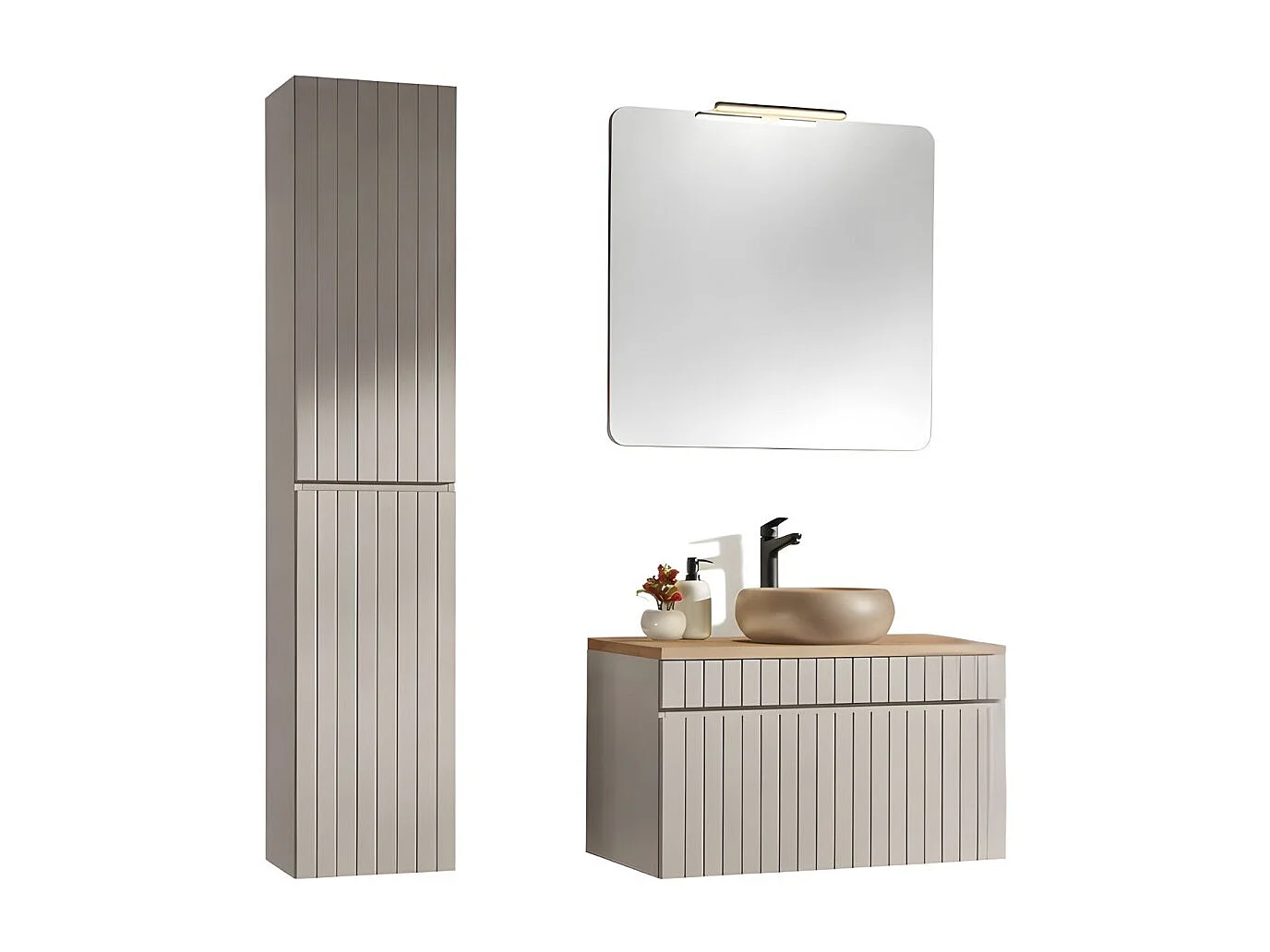 Set ICON: mobile sotto lavabo 80cm + piano per lavabo + lavabo rotondo da appoggio + specchio + lampada LED + colonna