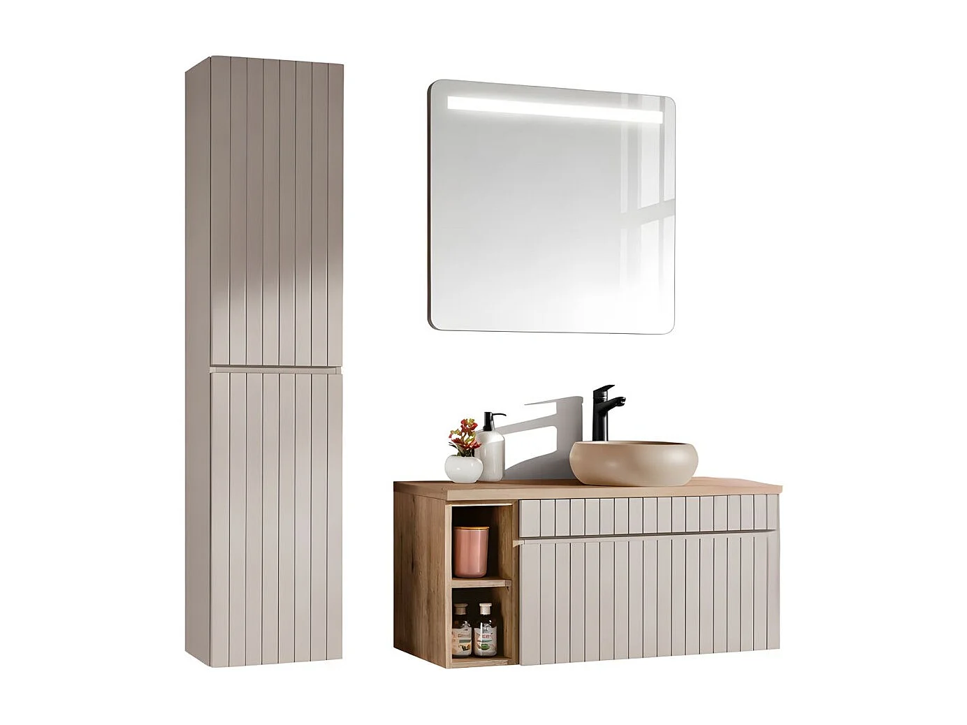 Ensemble ICON : meuble sous vasque 100cm avec niches visibles + vasque ronde à poser + miroir LED + colonne