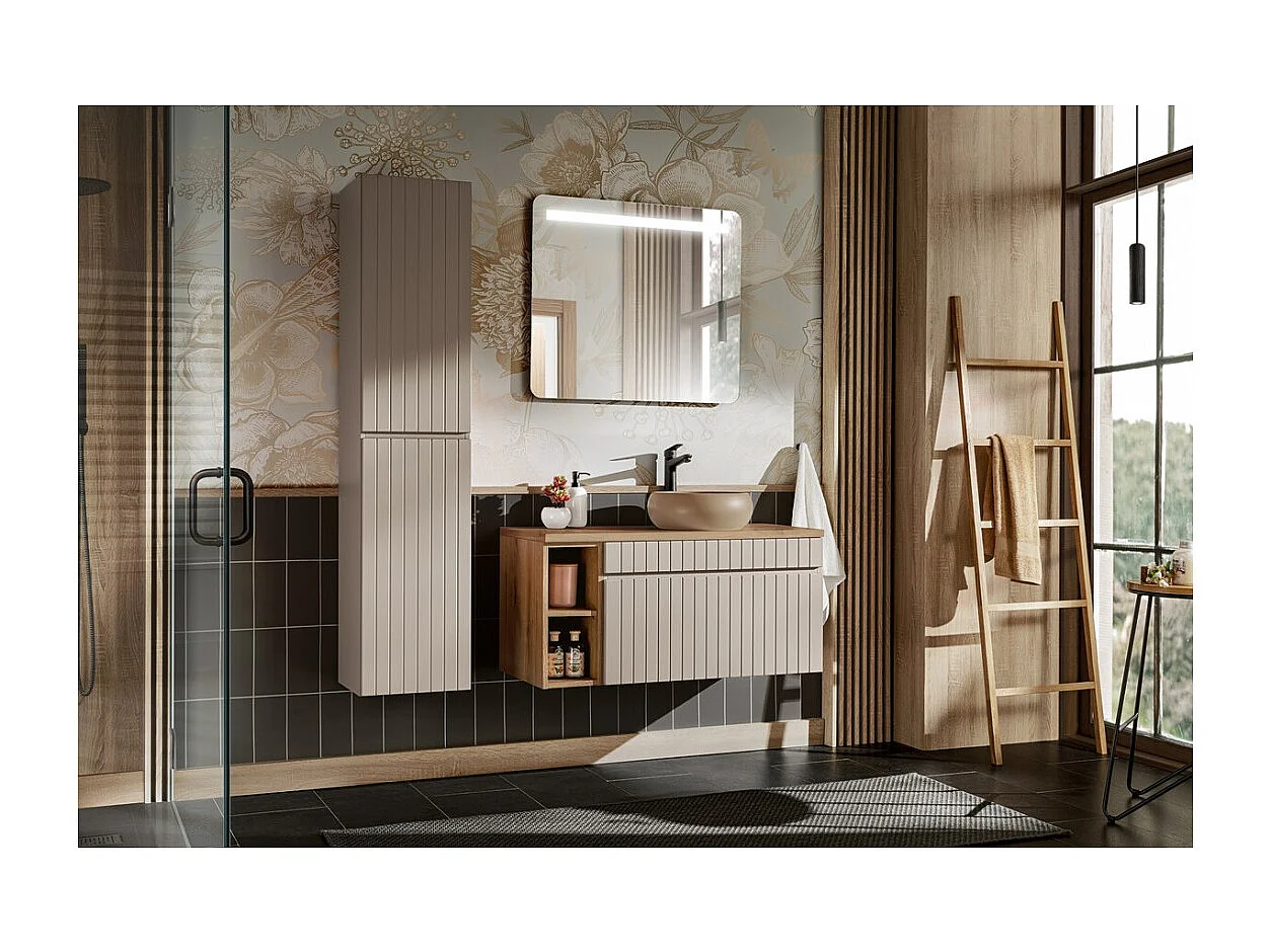 Ensemble ICON : meuble sous vasque 100cm avec niches visibles + vasque ronde à poser + miroir LED + colonne