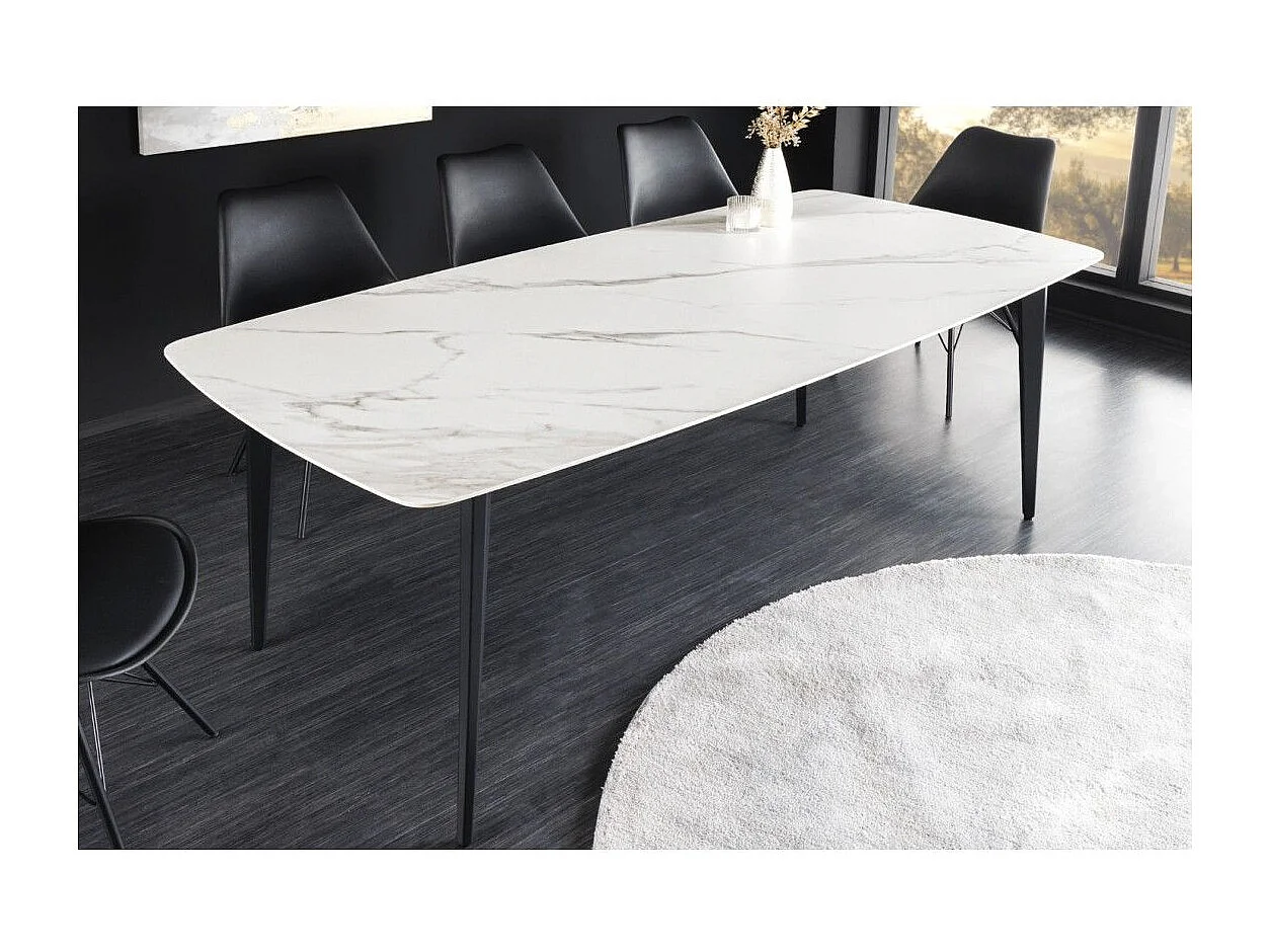 Mesa de comedor HEXA 160 cm – Tablero de cerámica efecto mármol blanco y estructura de metal negro