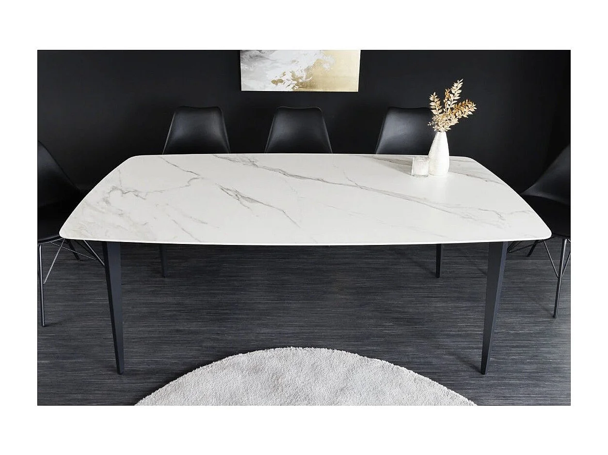Mesa de comedor HEXA 160 cm – Tablero de cerámica efecto mármol blanco y estructura de metal negro