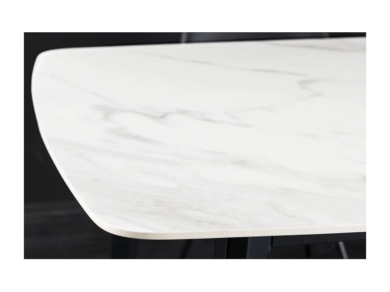 Mesa de comedor HEXA 160 cm – Tablero de cerámica efecto mármol blanco y estructura de metal negro