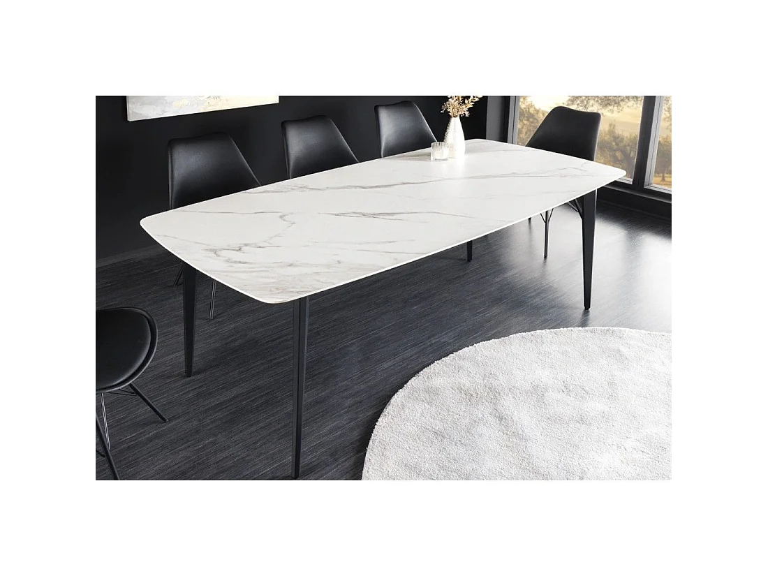 Mesa de comedor HEXA 160 cm – Tablero de cerámica efecto mármol blanco y estructura de metal negro