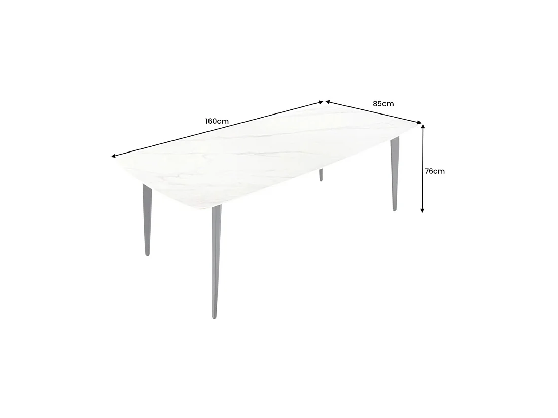 Mesa de comedor HEXA 160 cm – Tablero de cerámica efecto mármol blanco y estructura de metal negro