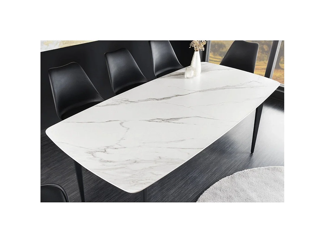 Mesa de comedor HEXA 160 cm – Tablero de cerámica efecto mármol blanco y estructura de metal negro