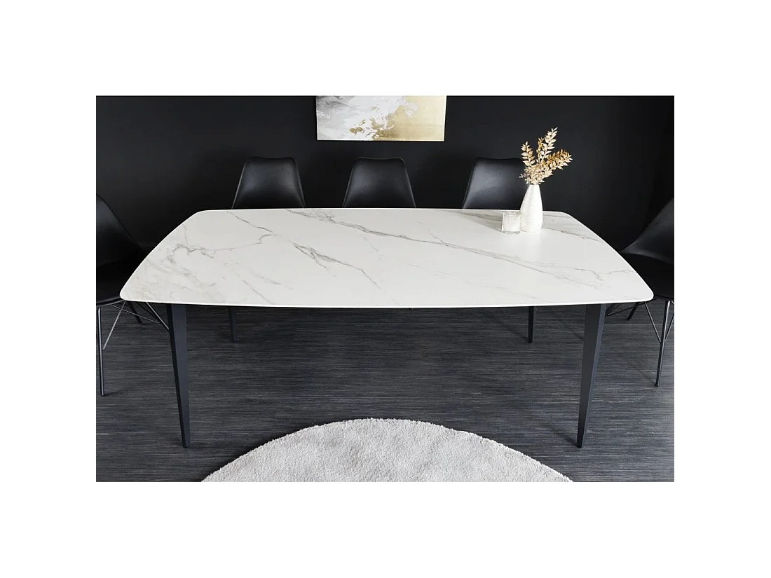 Mesa de comedor HEXA 160 cm – Tablero de cerámica efecto mármol blanco y estructura de metal negro