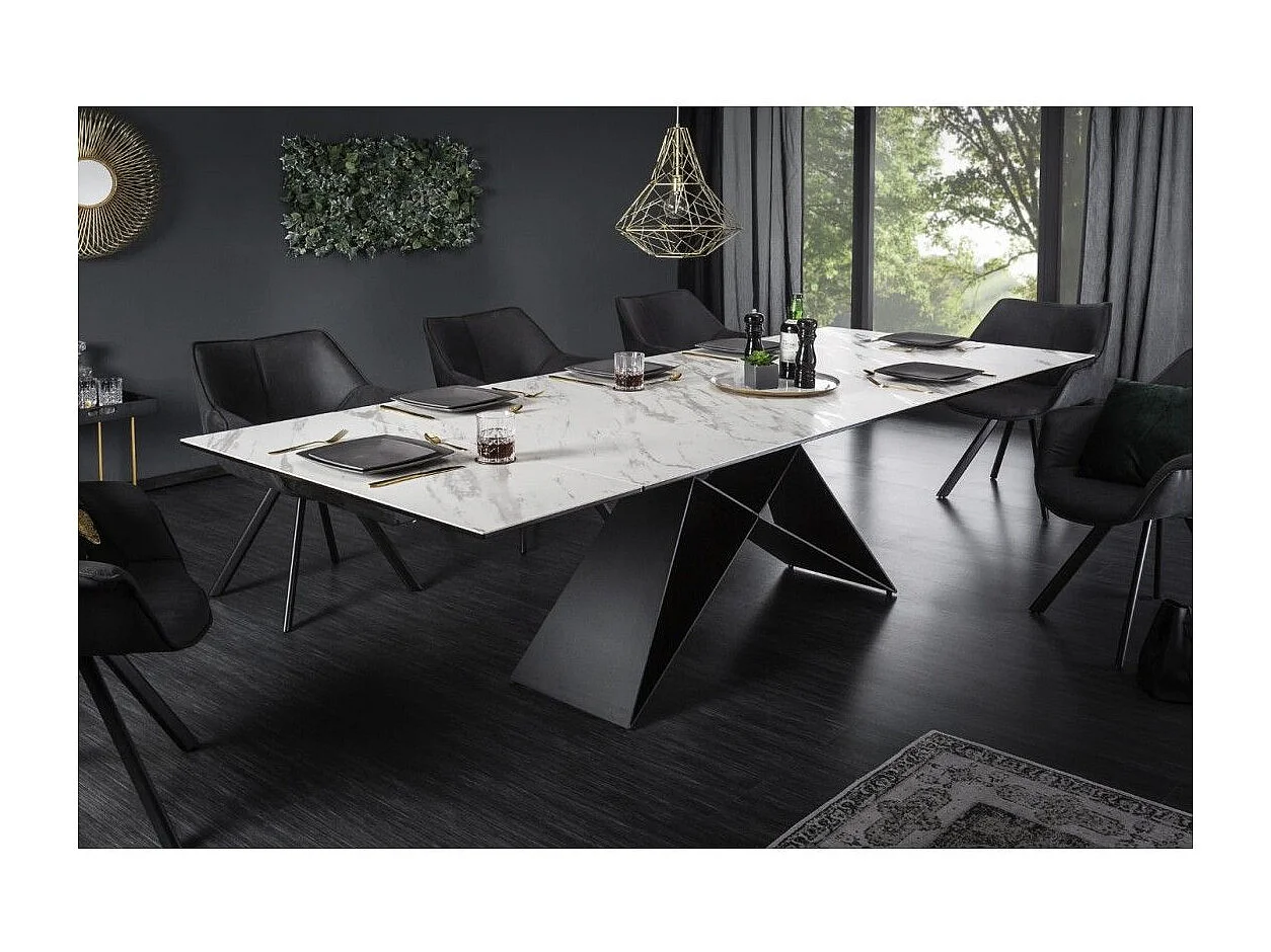Mesa de comedor ATARA 180–260 cm – Superficie de cerámica efecto mármol blanco y metal negro