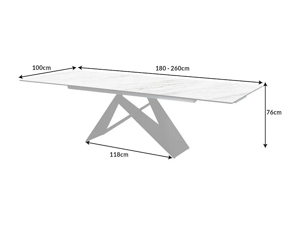 Mesa de comedor ATARA 180–260 cm – Superficie de cerámica efecto mármol blanco y metal negro