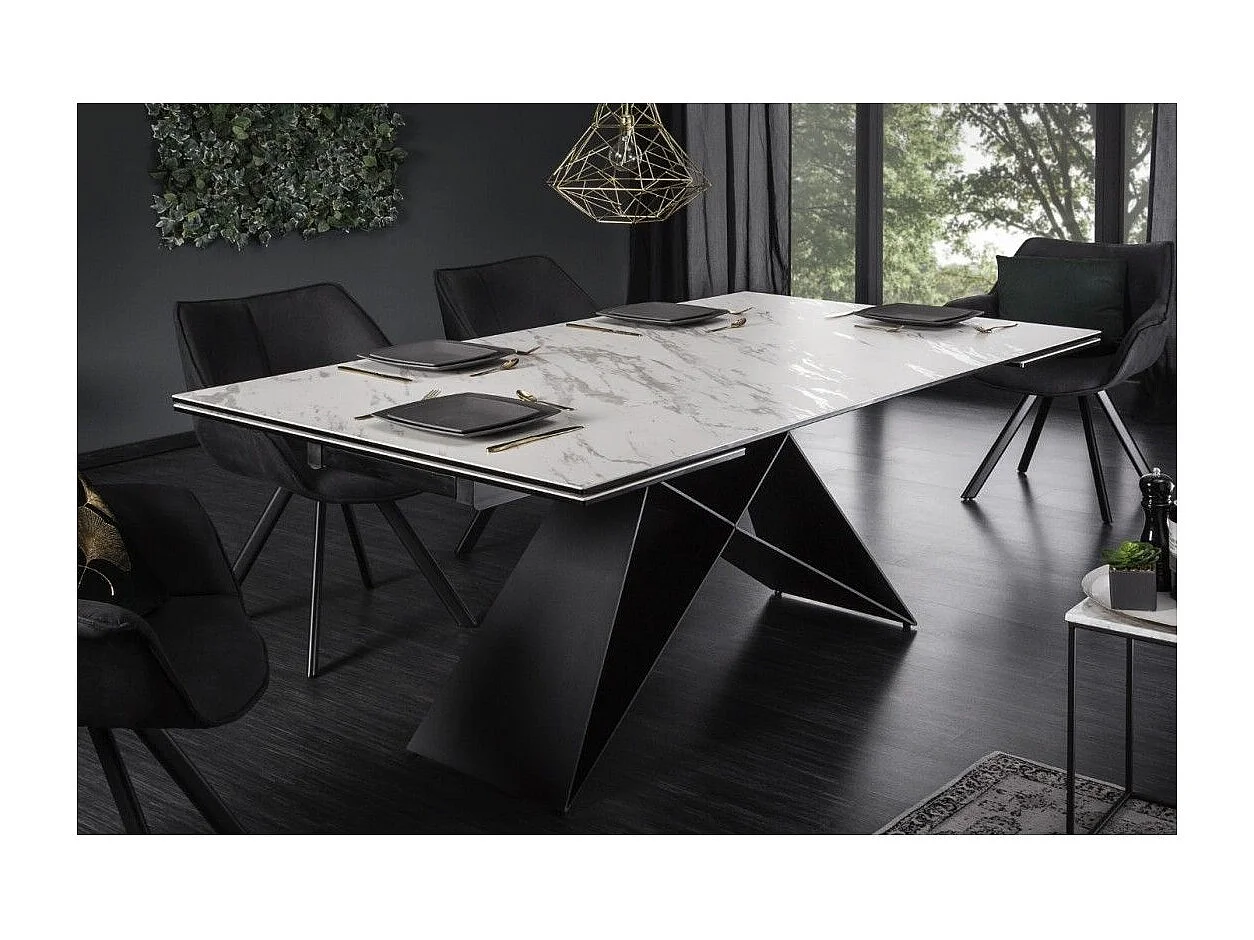 Mesa de comedor ATARA 180–260 cm – Superficie de cerámica efecto mármol blanco y metal negro
