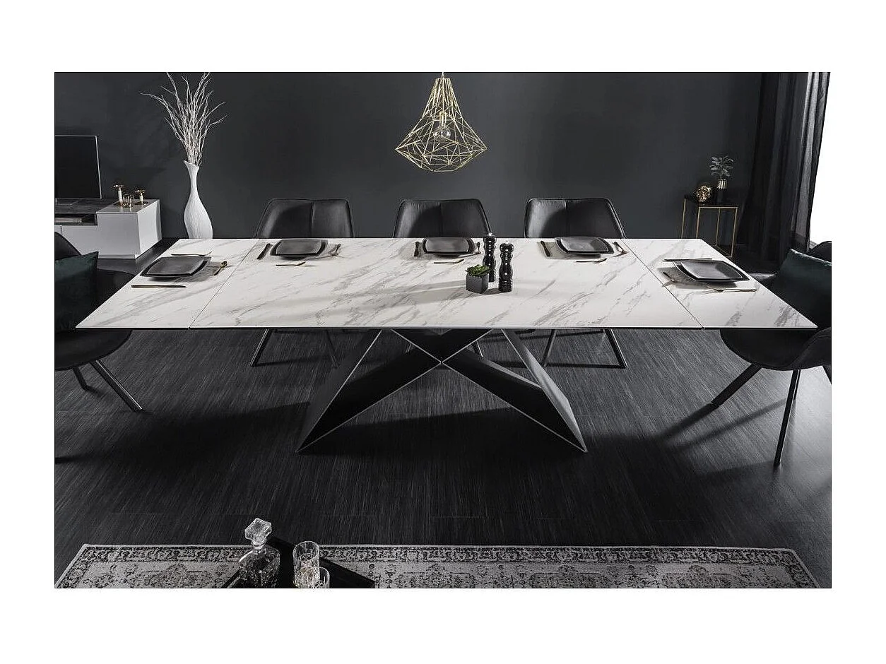 Mesa de comedor ATARA 180–260 cm – Superficie de cerámica efecto mármol blanco y metal negro
