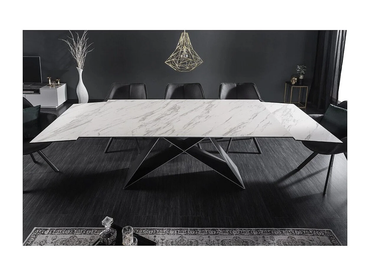 Mesa de comedor ATARA 180–260 cm – Superficie de cerámica efecto mármol blanco y metal negro