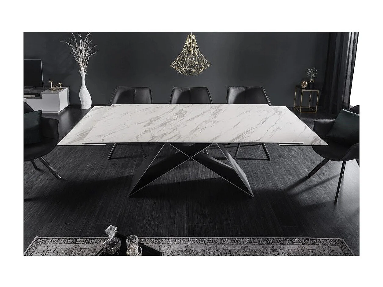 Mesa de comedor ATARA 180–260 cm – Superficie de cerámica efecto mármol blanco y metal negro