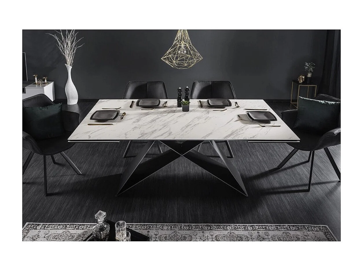 Mesa de comedor ATARA 180–260 cm – Superficie de cerámica efecto mármol blanco y metal negro